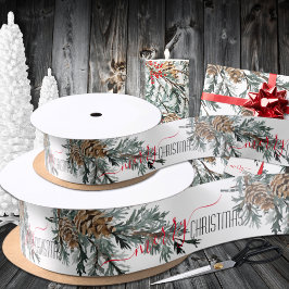 Lazo De Raso Rama de Juniper Azul Boughes Cones Feliz Navidad