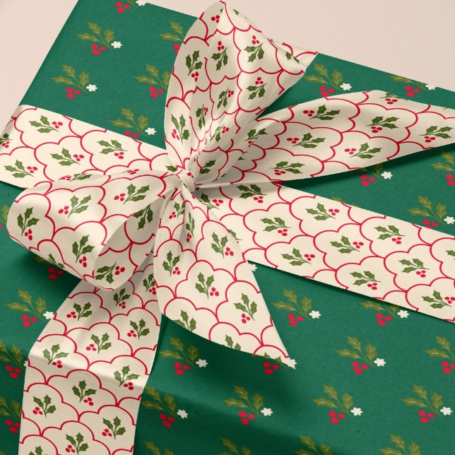 Lazo De Raso Rama del Holly de Vieira Roja y Navidades de Berri (Cream color grand millennial style ribbon with red scallops and festive Christmas holly sprigs)