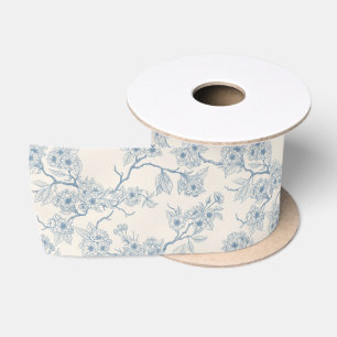 Lazo De Raso Ramas de flor de cerezo en azul y blanco apagado