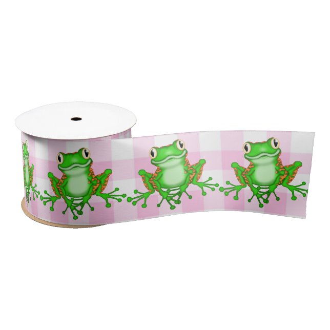 Lazo De Raso Ranas verdes en Pink Gingham (Carrete)
