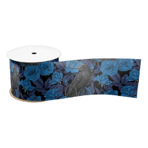 Lazo De Raso Ravens y rosas azules