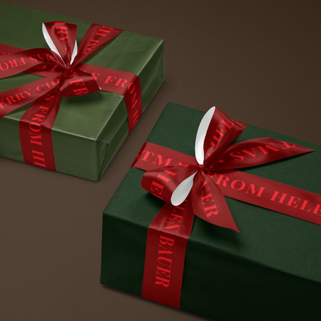 Lazo De Raso Red on Burgundy Simple Text Merry Christmas Gift (personalized burgundy red and bright red Merry Christmas gift ribbon with custom name text)