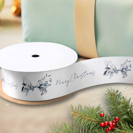 Lazo De Raso Regalo Botánico de Feliz Navidad Azul y Dorado