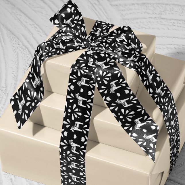 Lazo De Raso Regalo de vacaciones de caballos Dala en blanco ne (Scandinavian Swedish black and white Dala horse patterned ribbon)