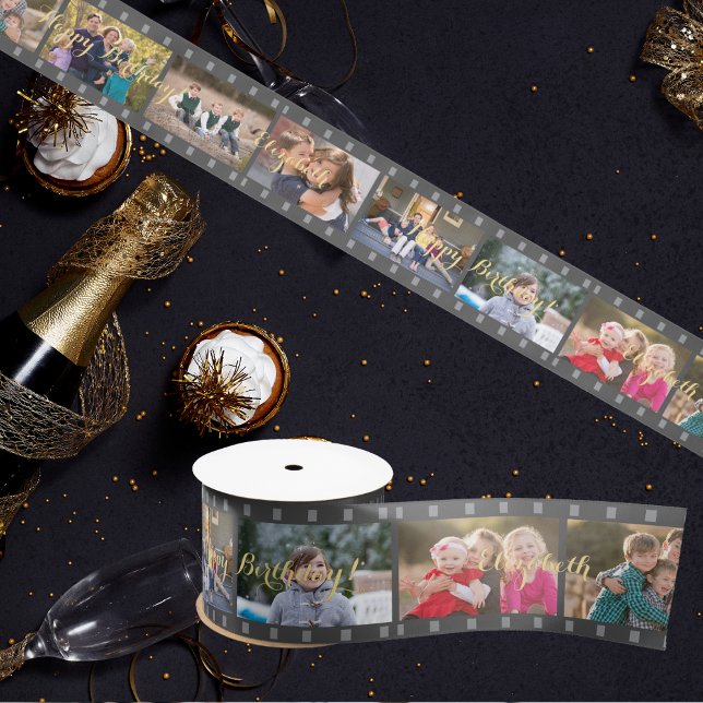 Lazo De Raso Retro Cámara Reel Personalizado Foto Cumpleaños Re (Retro Camera Reel Custom Photo Birthday Gift Wrap Satin Ribbon)