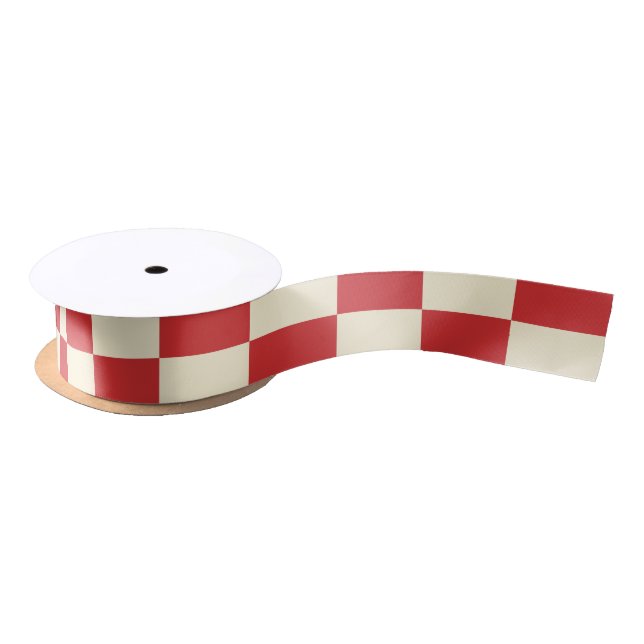 Lazo De Raso Retro Christmas Checkered Red Cream Pattern (Carrete)
