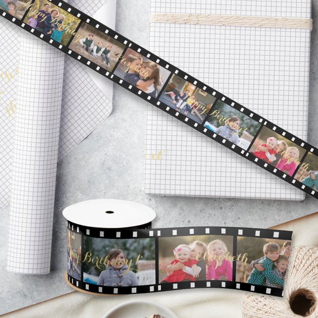 Lazo De Raso Retro Film Strip Personalizado Foto Cumpleaños Reg (Retro Film Strip Custom Photo Birthday Gift Wrap Satin Ribbon)