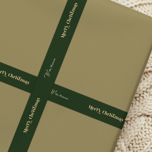 Lazo De Raso Retro Trendy Merry Christmas Custom Name Green (Retro style Merry Christmas green and beige satin ribbon with your custom name)