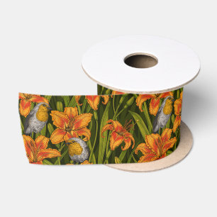 Lazo De Raso Robins y flores de lirio, naranja y verde oscuro