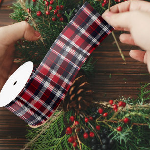 Lazo De Raso Rojo Azul Tartán Cuadros Patrón Festivo Navidad