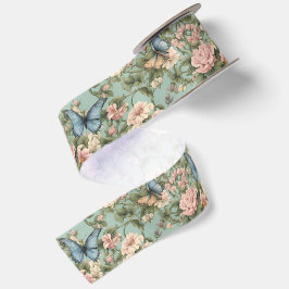 Lazo De Raso Rosa Azul Floral y Mariposa más Suave