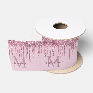 Lazo De Raso Rosa De Perforaciones Purpurinas Monograma Y Nombr