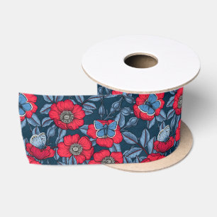 Lazo De Raso Rosa de perro y mariposas en azul y rojo