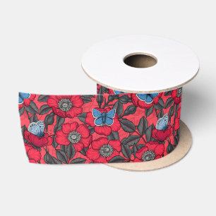 Lazo De Raso Rosa de perro y mariposas en rojo y azul