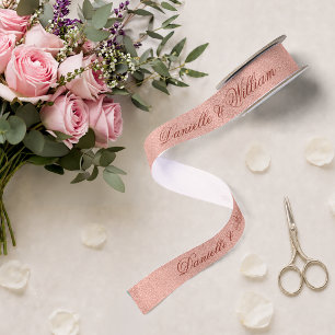Lazo De Raso Rosa Dorado Rosa Caligrafía Elegante Glitter Boda