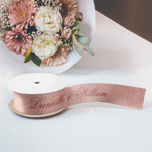 Lazo De Raso Rosa Dorado Rosa Caligrafía Elegante Glitter Boda
