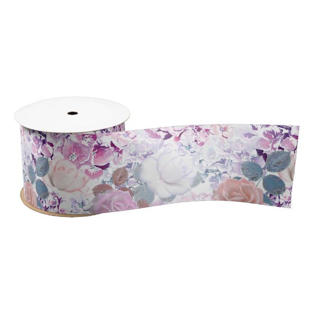 Lazo De Raso Rosas de acuarela e hidrangeas.  (Carrete)