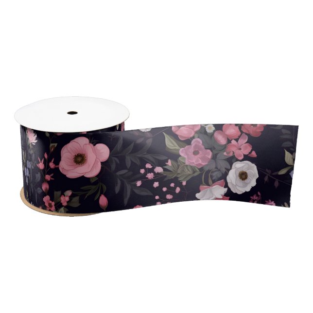 Lazo De Raso Rosas De Verano En Negro (Carrete)