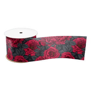 Lazo De Raso Rosas rojas con hojas grises en negro