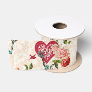 Lazo De Raso Rosas Rojas Vintage Shabby Chic y Llave de Mi Cora