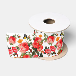 Lazo De Raso ROSAS ROJAS Y MARIPOSAS AMARILLAS Flor Blanca