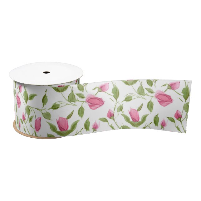 Lazo De Raso Rosas Rosadas En Blanco (Carrete)