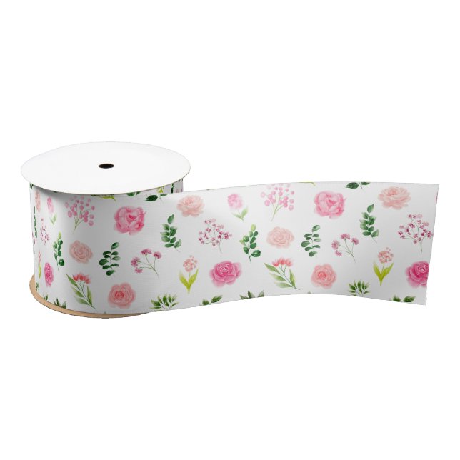 Lazo De Raso Rosas rosadas florales con follaje (Carrete)