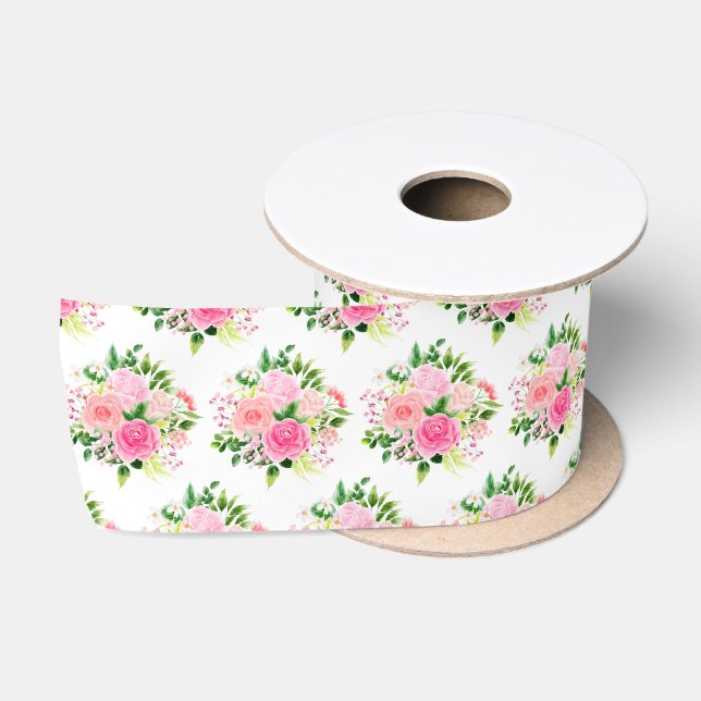 Lazo De Raso Rosas rosadas, flores y follaje (Carrete)
