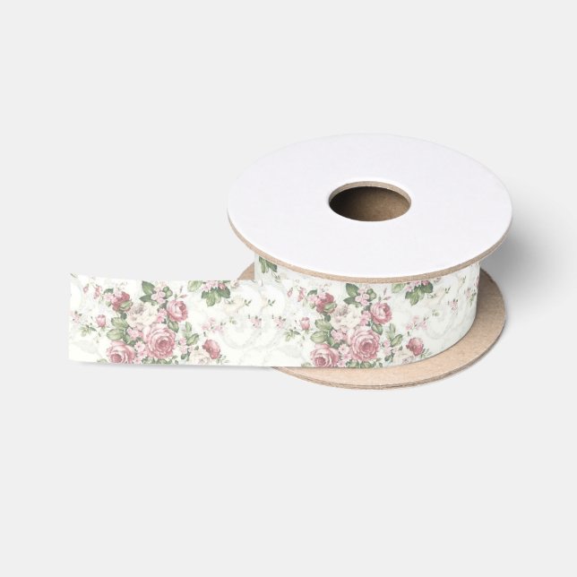 Lazo De Raso Rosas rosadas sobre blanco (Carrete)
