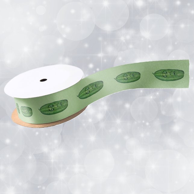 Lazo De Raso Row of silly Green Pickles Surprised Look on Face (Row of silly green pickles with surprised faces on light green gift wrap or craft ribbon.)