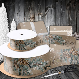 Lazo De Raso Rustic Kraft Juniper Branch Cones Feliz Navidad