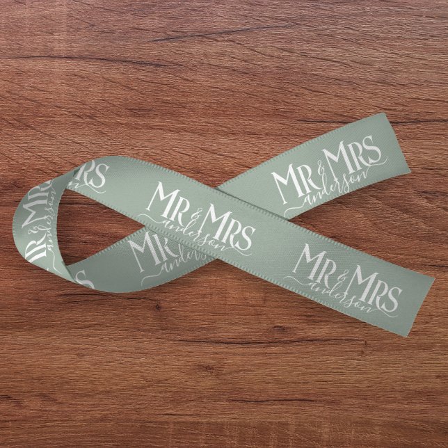 Lazo De Raso Sage Green Mr. y la Sra. Newlywoed Couple Boda (Sage Green Mr & Mrs Newlywed Couple Wedding Satin Ribbon
)