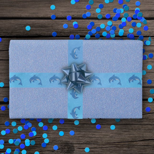 Lazo De Raso Salto espumoso saltando delfines cúrcuitos Blanco  (Glitter dark blue and white jumping dolphins water bubbles on pretty blue gift wrap ribbon.)