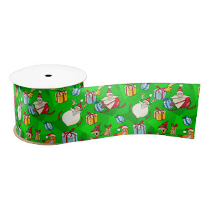 Lazo De Raso Santa Verde Brillante y Elfos Navidad
