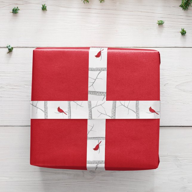 Lazo De Raso Sencillo árbol Birch, cardenal rojo de invierno de (Holiday winter red cardinal ribbon)