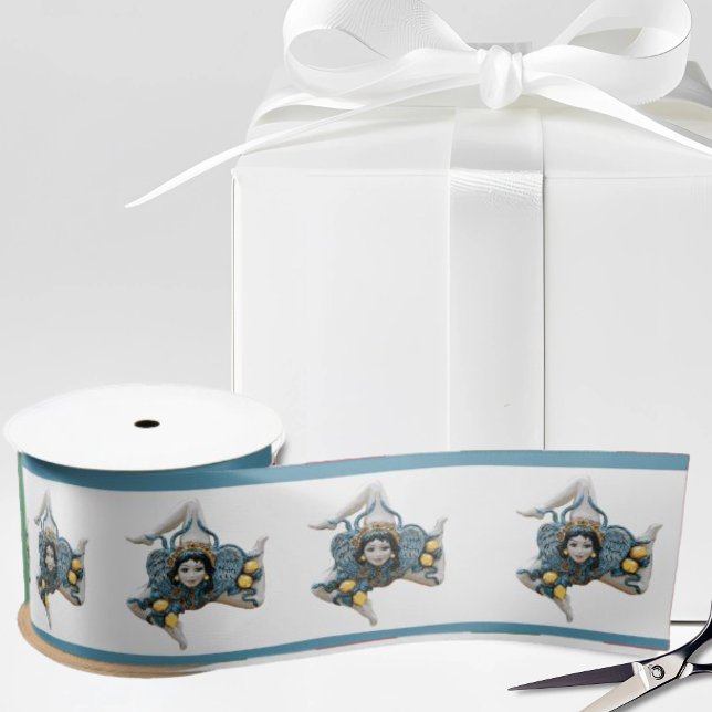 Lazo De Raso Sicilian Trinacria Blue Border White (Sicilian Trinacria Ribbon with blue border on white ribbon for Sicily heritage gifts)