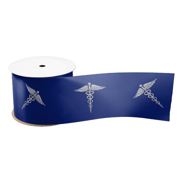 Lazo De Raso Símbolo médico cromado como Caduceus en azul marin (Carrete)