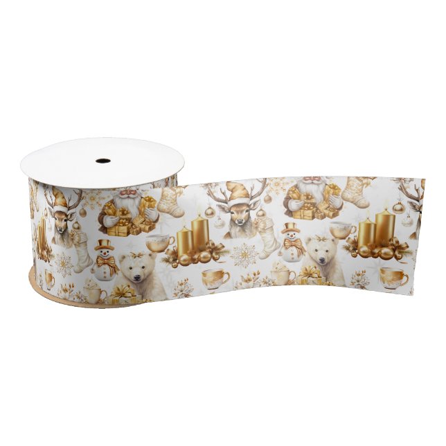 Lazo De Raso Símbolos de Navidades blancos y dorados (Carrete)