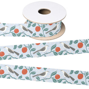 Lazo De Raso Sinsonte Flor de Naranja Pájaro Flor Azul