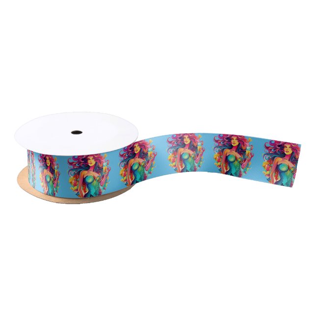 Lazo De Raso Sirenita de cabello arcoiris con cóctel (Carrete)