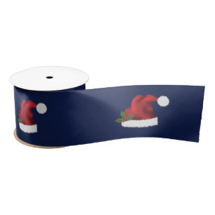 Lazo De Raso Sombrero Rojo De Santa Con Navidades Holly En Azul