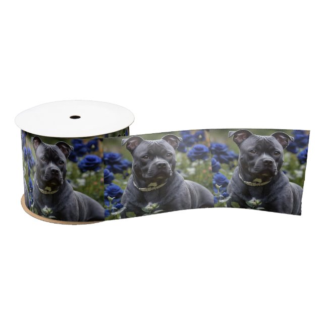Lazo De Raso Staffordshire Bull Terrier In Blue Rosa Garden, (Carrete)