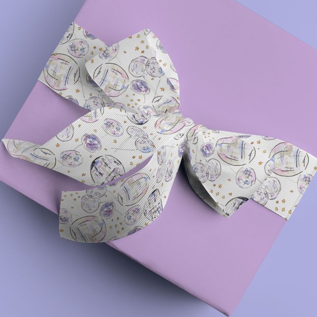 Lazo De Raso Star Studded Disco Balls Watercolor (Fabulous watercolor painted star studded disco balls pattern gift wrapping ribbon.)