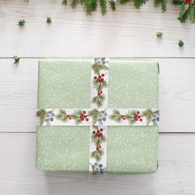 Lazo De Raso Sucursales Botánicas de Eucalyptus Pine Branches H (Christmas holiday greenery, red holly berries simple ribbon.)