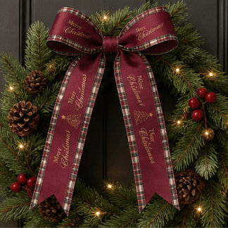 Lazo De Raso Tartan Burgundy Festivo Árbol de Navidad Nombre de