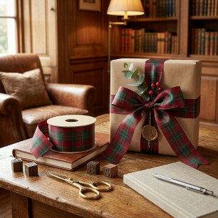 Lazo De Raso Tartan Plaid Clásico de Rojo Intenso y Verde Bosqu