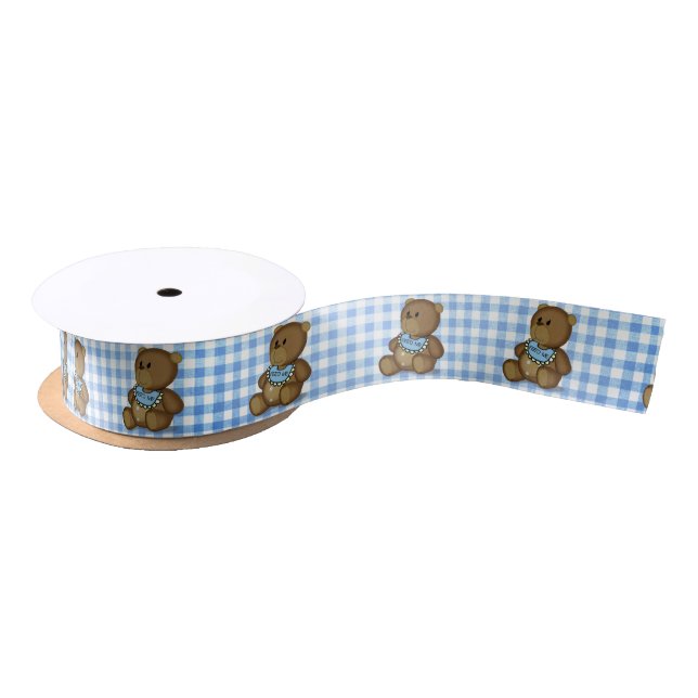 Lazo De Raso Teddy Bear con Bib en Blue Gingham (Carrete)