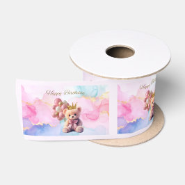 Lazo De Raso Teddy Bear Rosa Bow Gold Crown Feliz cumpleaños