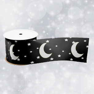 Lazo De Raso Tema celestial Crescent Moon Stars sobre negro
