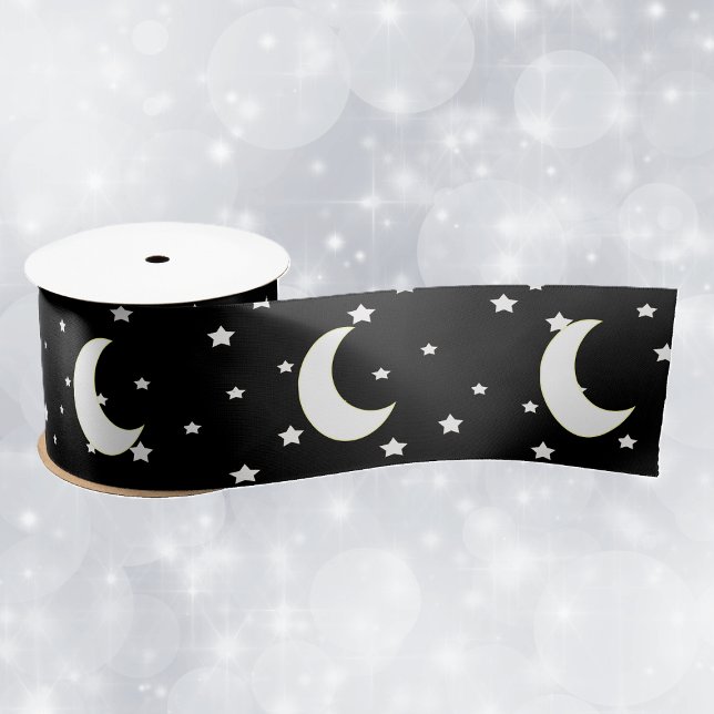 Lazo De Raso Tema celestial Crescent Moon Stars sobre negro (White crescent moons and white stars on black celestial theme gift wrap ribbon.)